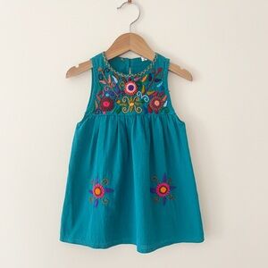 EUC Teal Floral Embroidered Bohemian Folk Art Mexican Style Dress